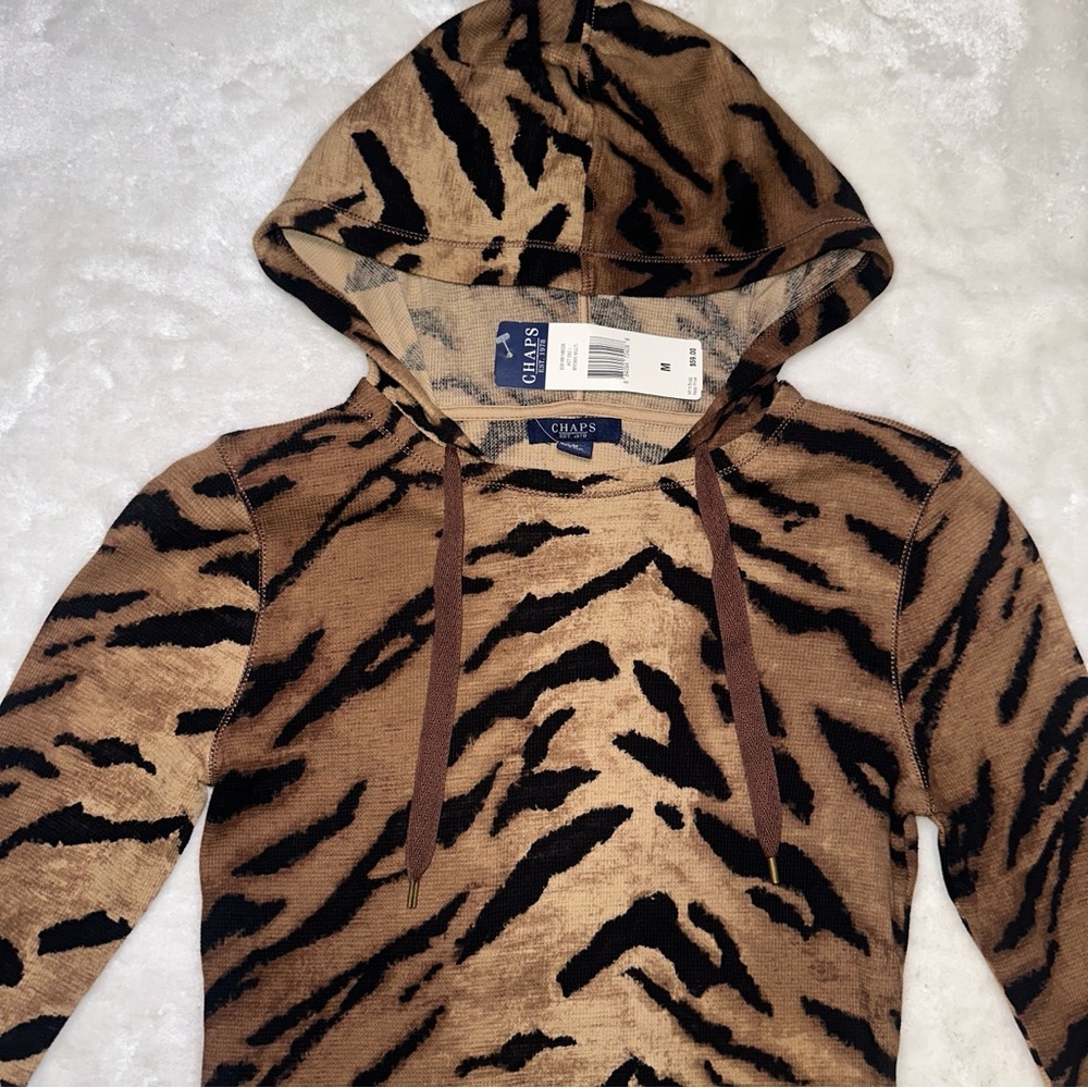 Chaps Brown & Black Tiger Animal Print Hoodie Size Medium NWT - Picture 4 of 11